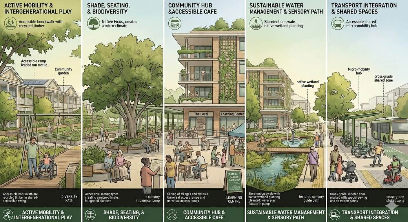 Multi-frame illustration of good public space design